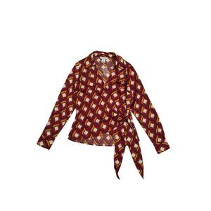 Retro Geometric Print Long Sleeve Cupcake and Paisley Wrap Blouse, NWT